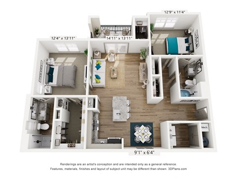 Floor plan for 2 beds, 2 baths, 1175 sqft
